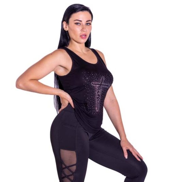 High-Waisted & Criss Cross Mash Panel Gym and Yoga Leggings with Side Pockets - Picture 2 of 7